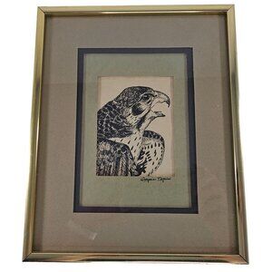 Vintage Framed Falcon Drawing Signed by Artist 8.5x10.5 Inch Gold Frame Nature W